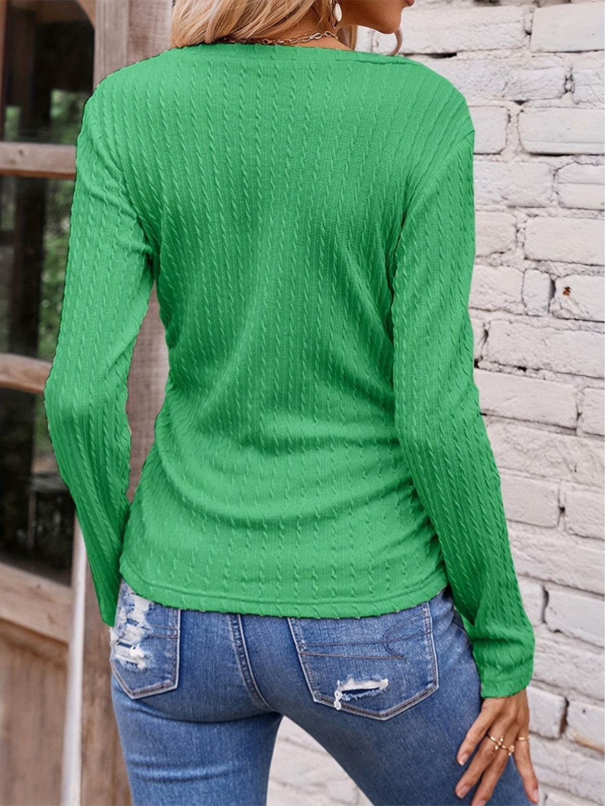 Twist Textured V Neck T-Shirt, Casual Long Sleeve Top