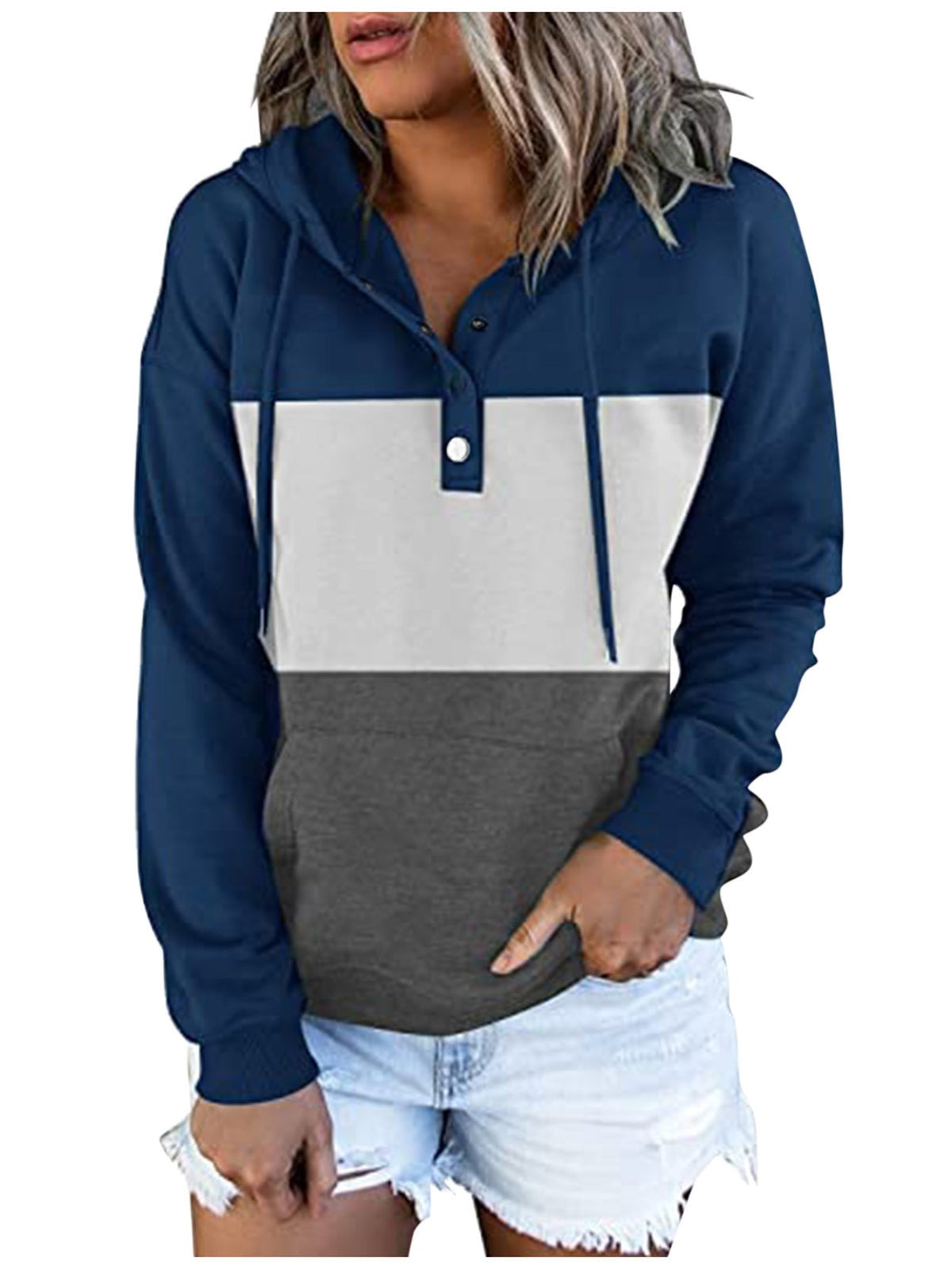 Color Block Button Drawstring Hoodie, Casual Long Sleeve Kangaroo Pocket Sweatshirt
