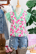 Multicolour Sweet Floral Print Striped Ruffle Trim V Neck Blouse