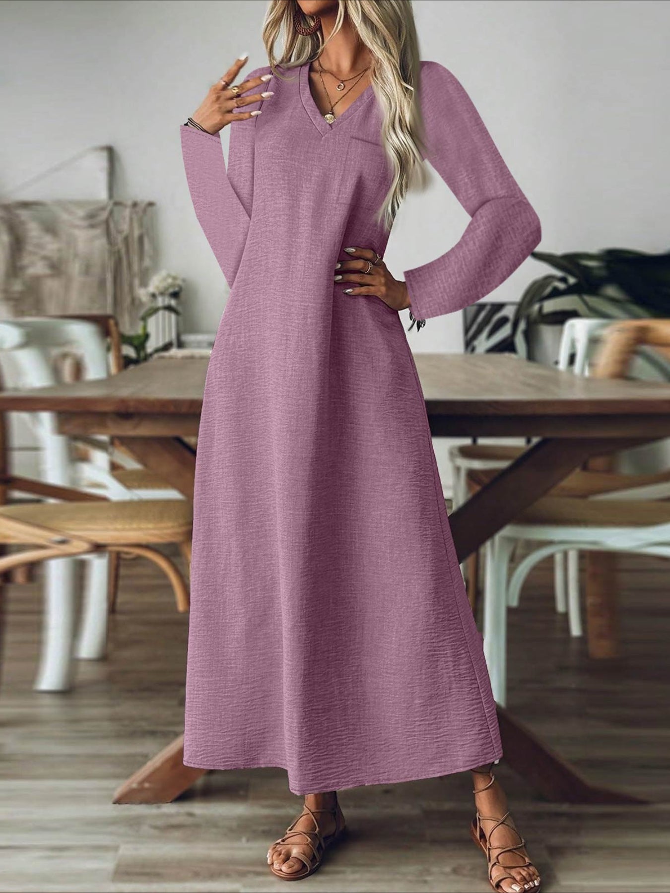 Back Zipper Solid Color Long Sleeve Cotton and Linen Dress