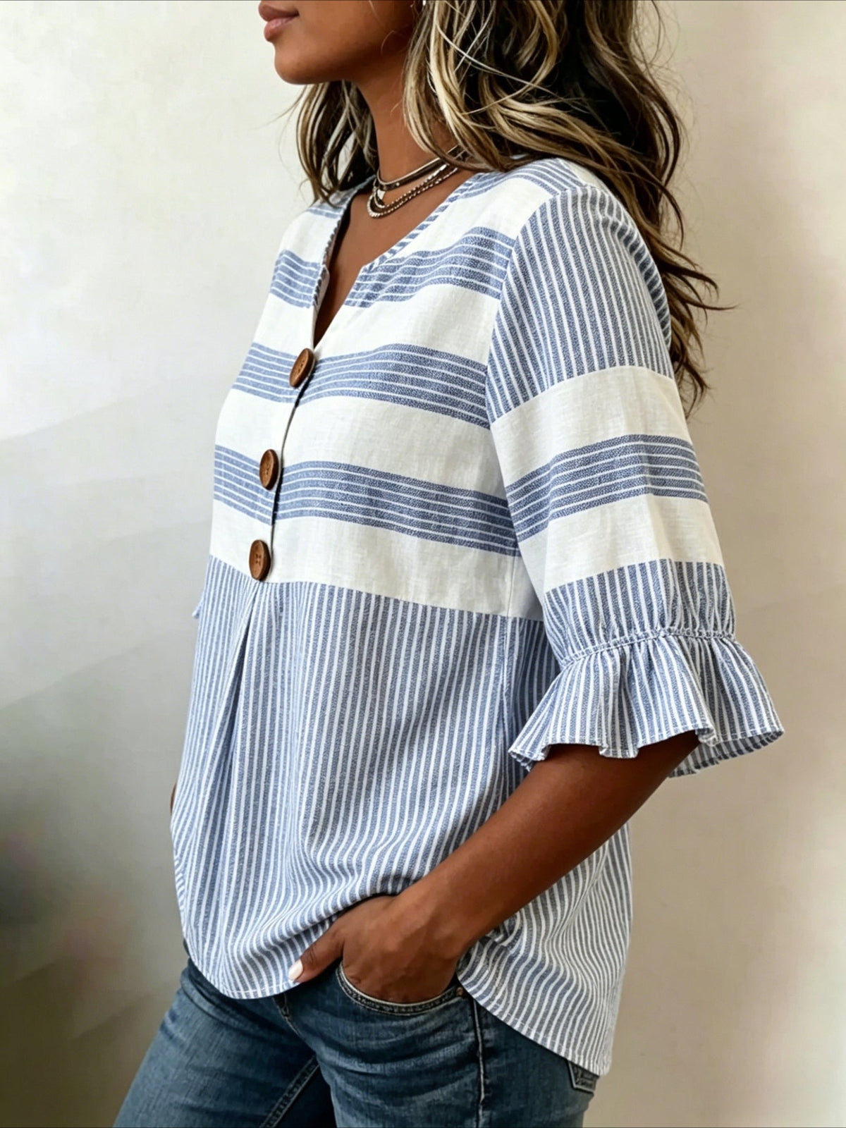 Striped Print V Neck Button Short Ruffle Sleeve Casual Top