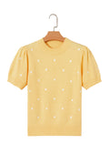 Yellow Cream Elegant Polka Dot Bubble Short Sleeve Sweater