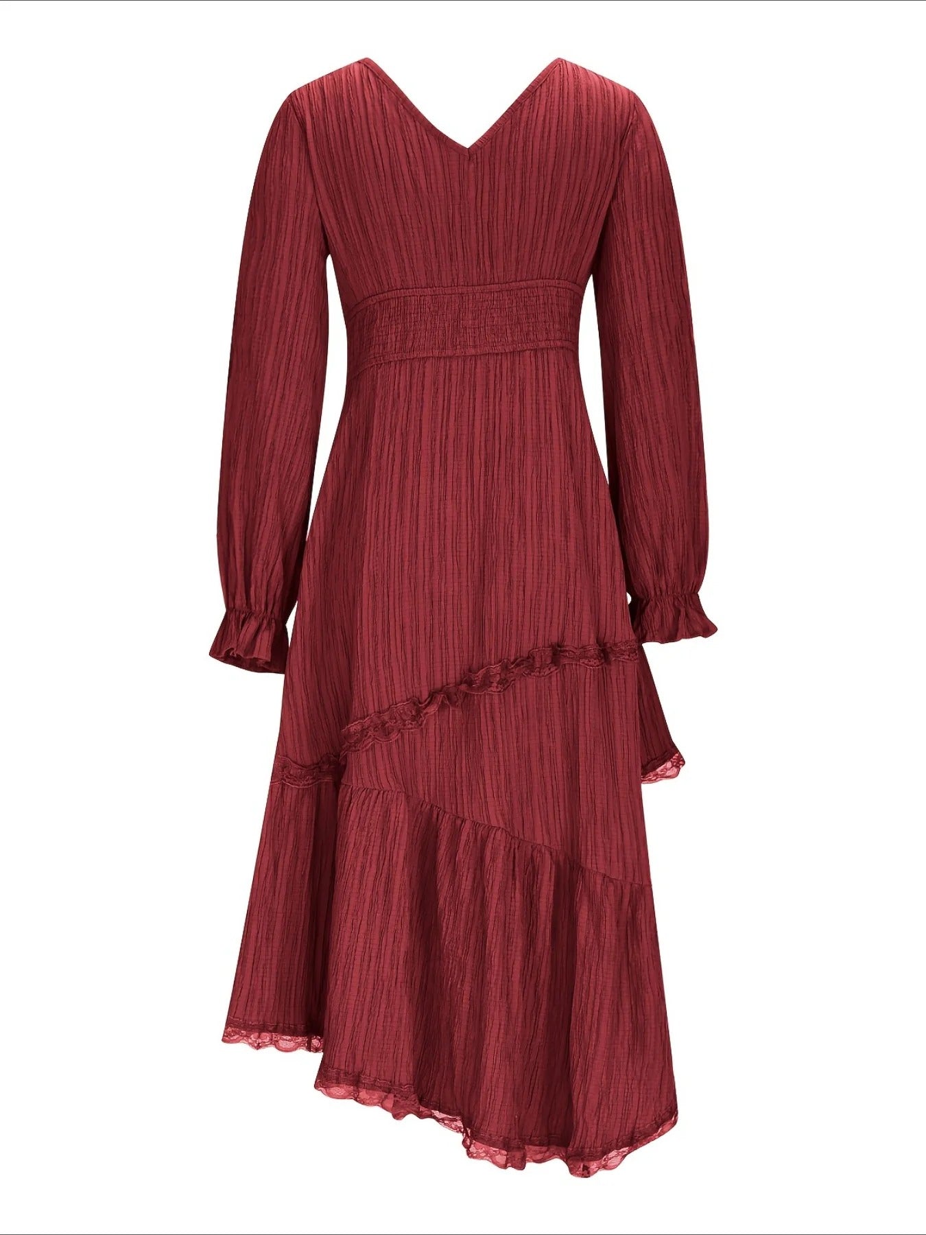 Solid Color Elegant Long Sleeve V-Neck Midi Dress