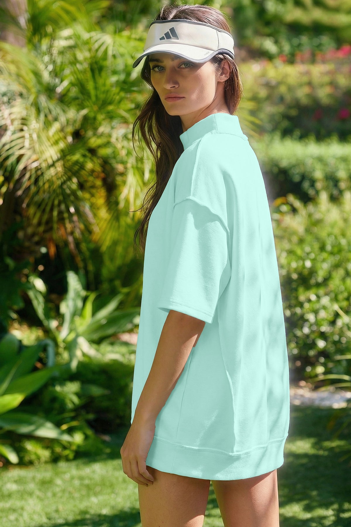 Moonlight Jade Solid Color Exposed Seam Mock Neck Oversize Tee Casual Shorts 2pcs Outfit
