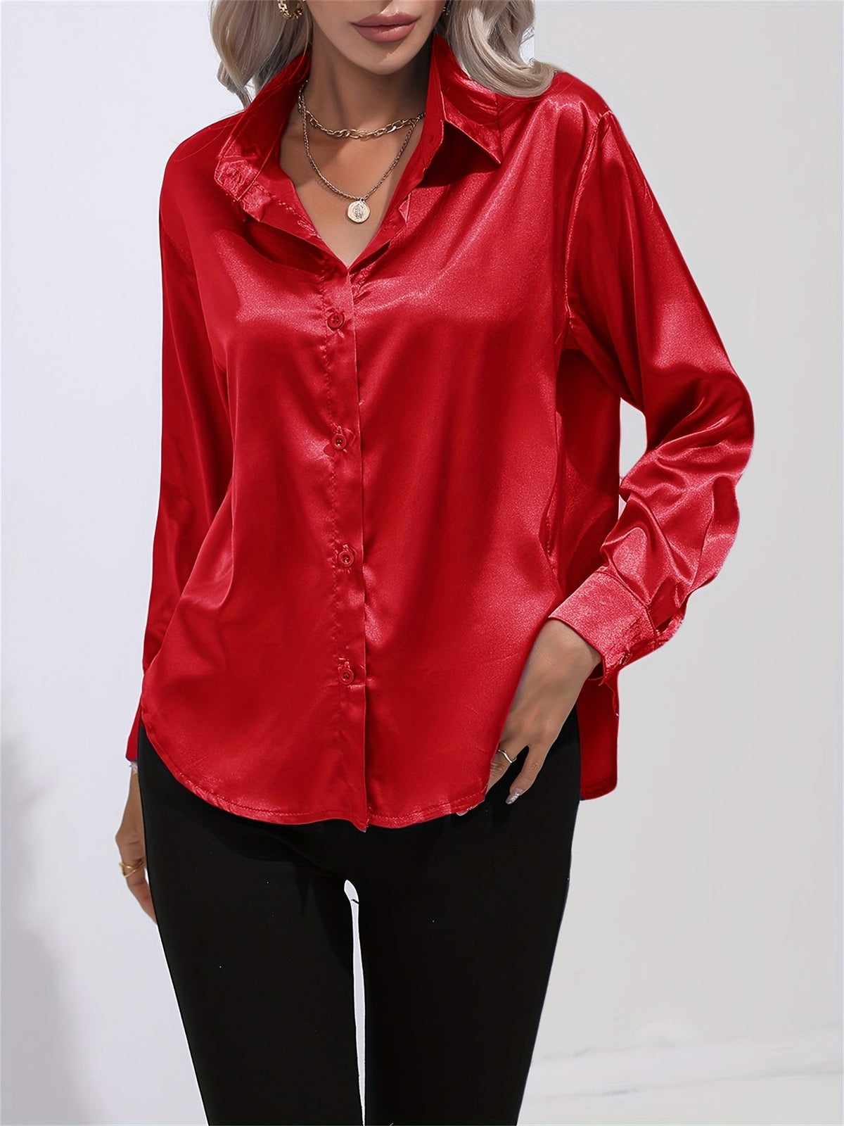 Lapel-collar Satin-satin-faux Silk Long-sleeved Shirt