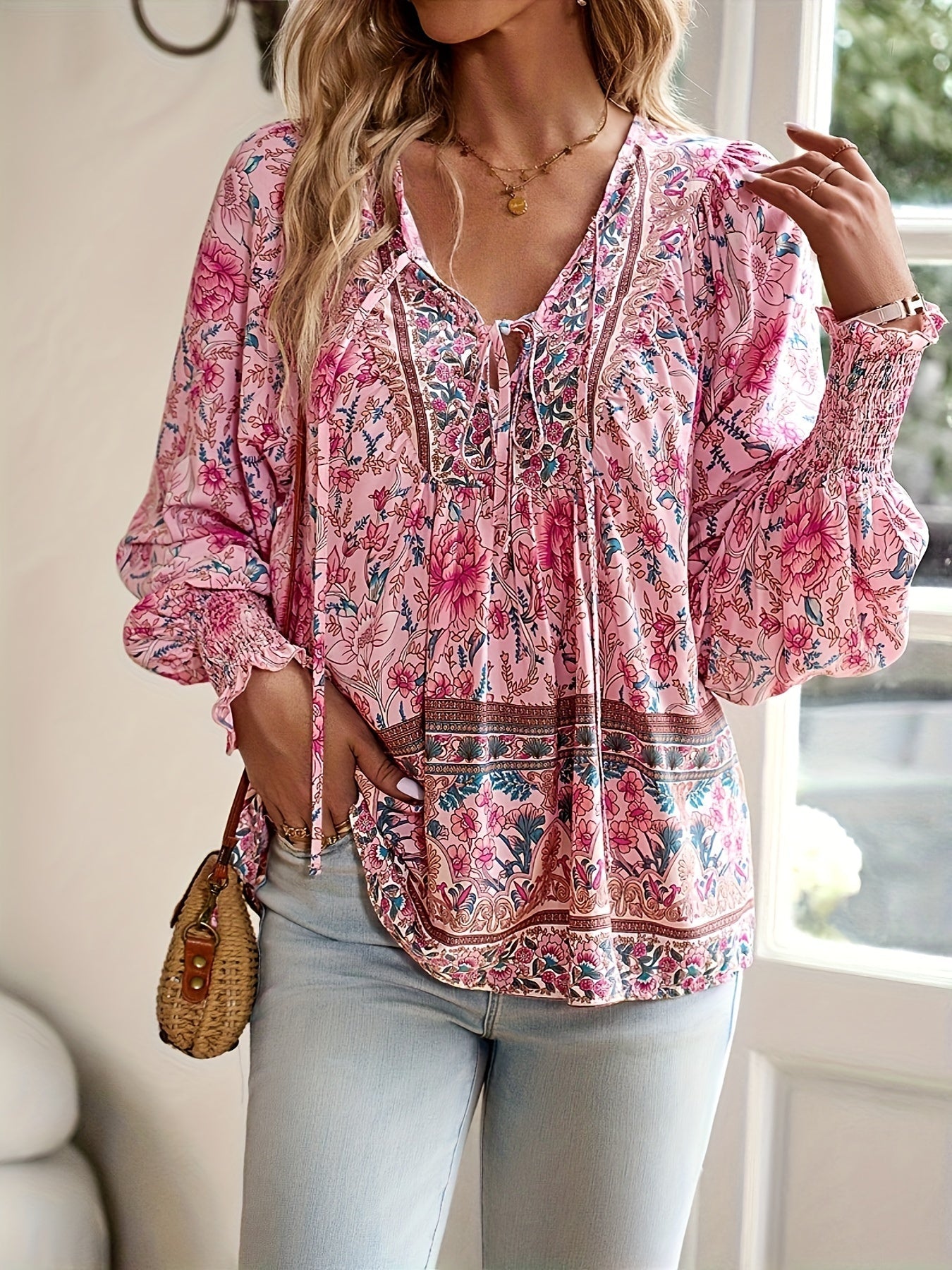 Vibrant Floral Print Tie Neck Blouse - Soft Micro Elastic Polyester Fabric, Casual Long Sleeve Shirt