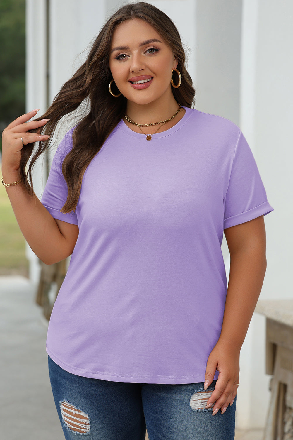 Wisteria Casual Plain Crew Neck Tee