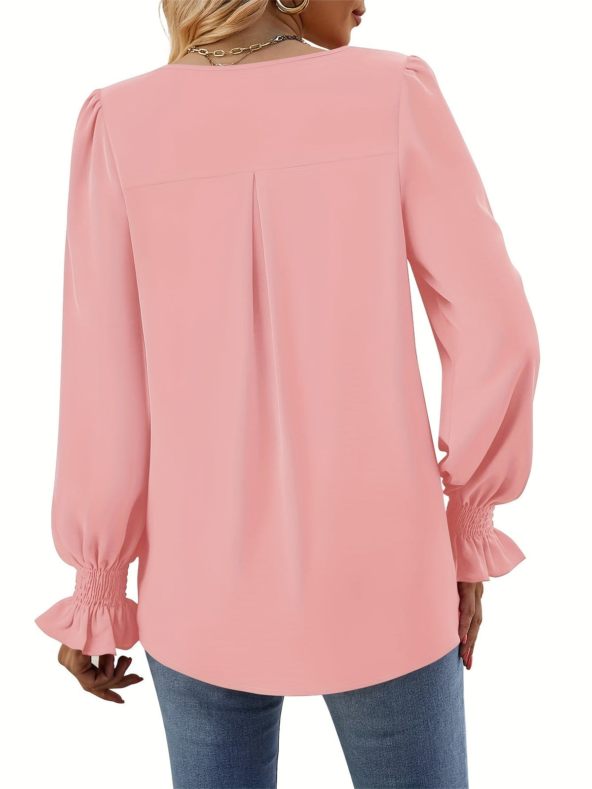 Solid V Neck Simple Blouse, Elegant Long Sleeve Ruched Blouse