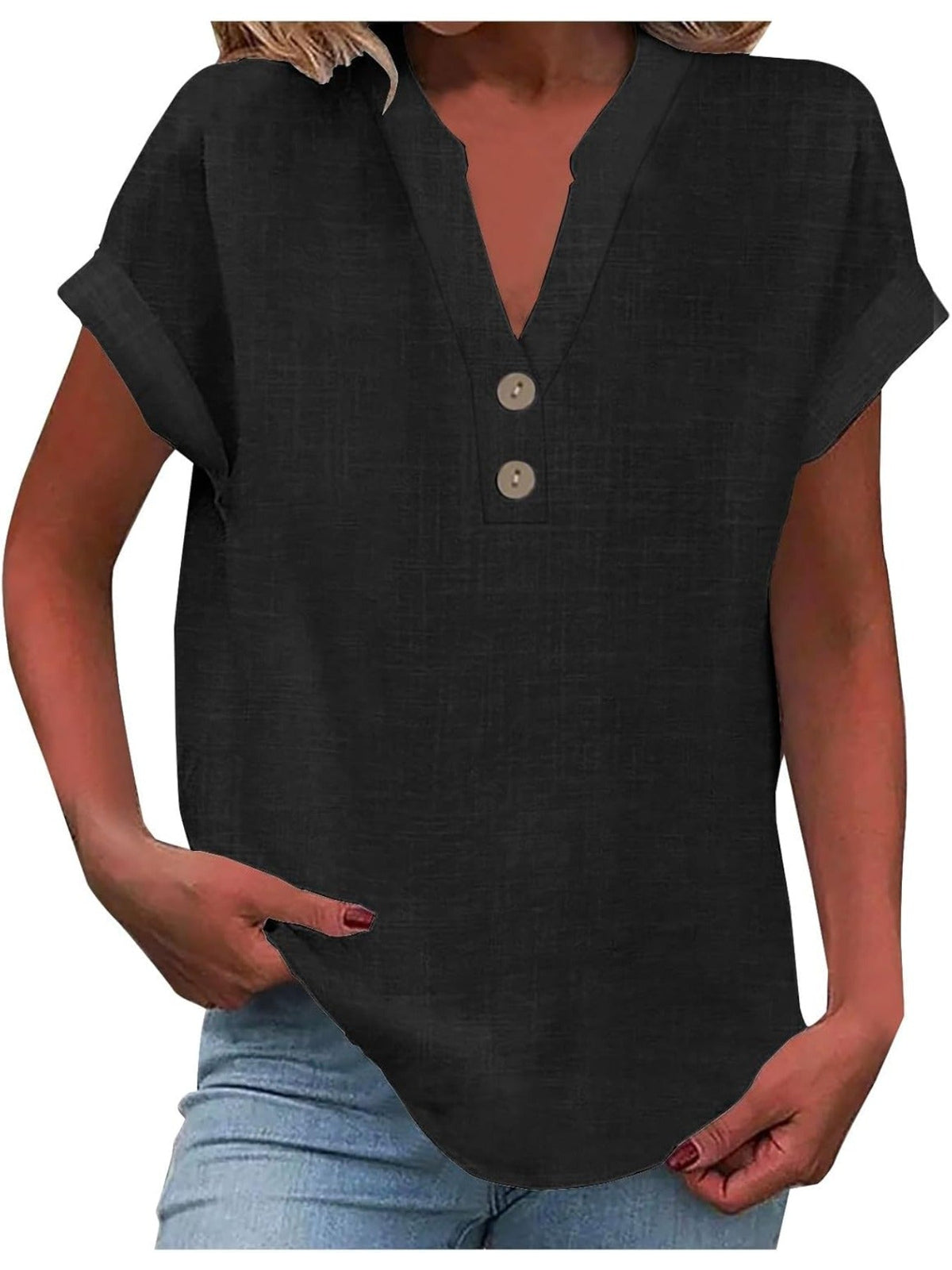 Solid Color V Neck Short Sleeve Button Down T Shirts