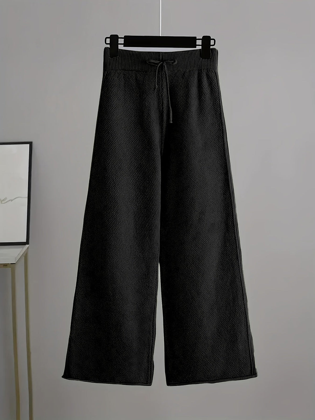 Solid Color Round Neck Sweater & Wide-Leg Pants Two-Piece Set
