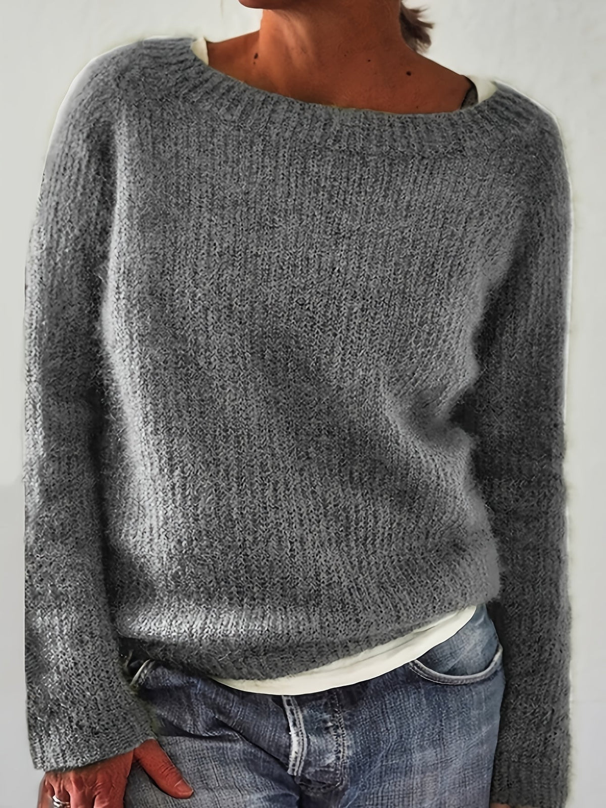 Solid Color Pullover Casual Long Sleeve Cozy Crew Neck Knit Sweater
