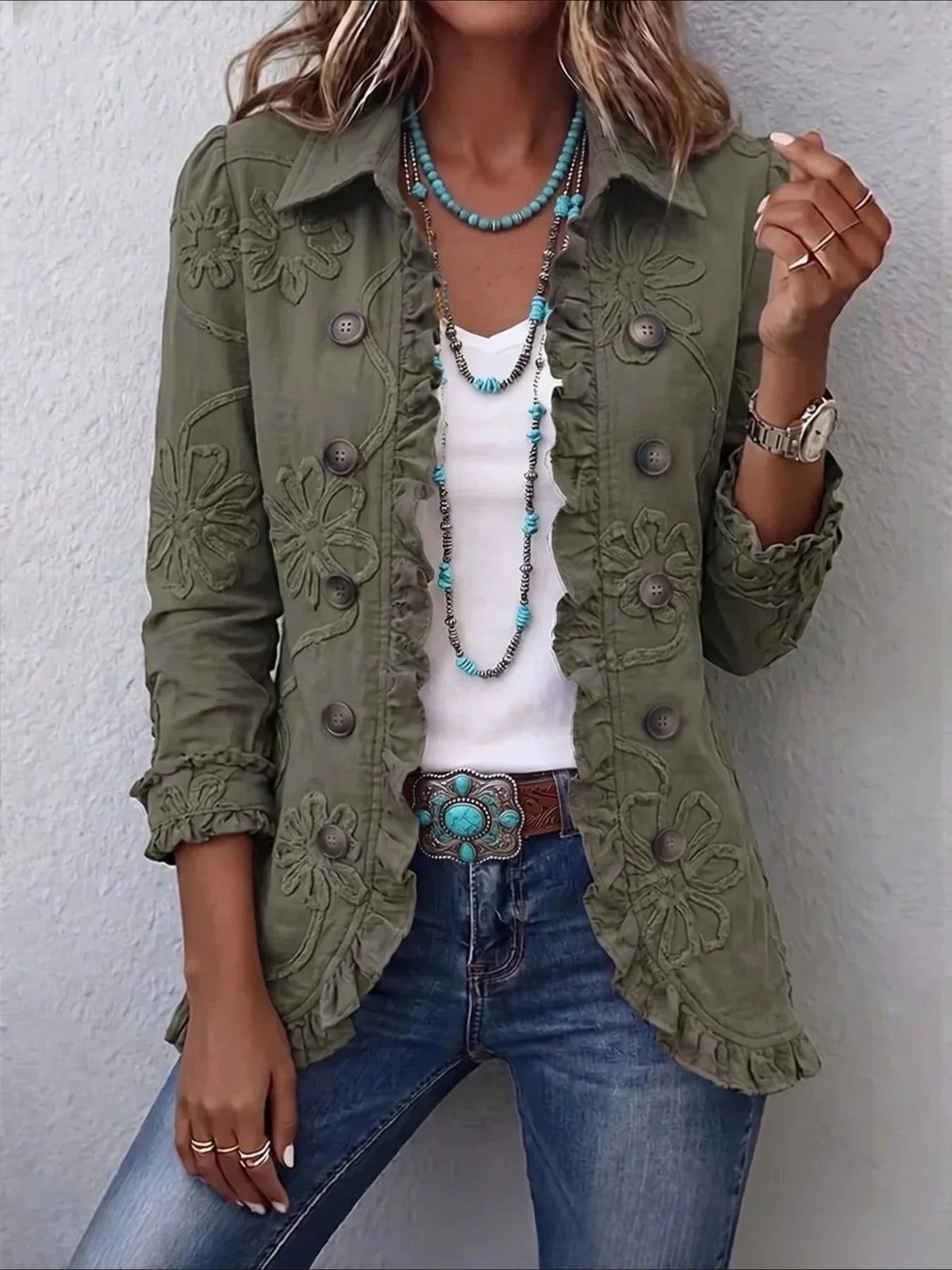 Totem Prints Long Sleeve Ruffle Edge Open Button Cardigan Coat