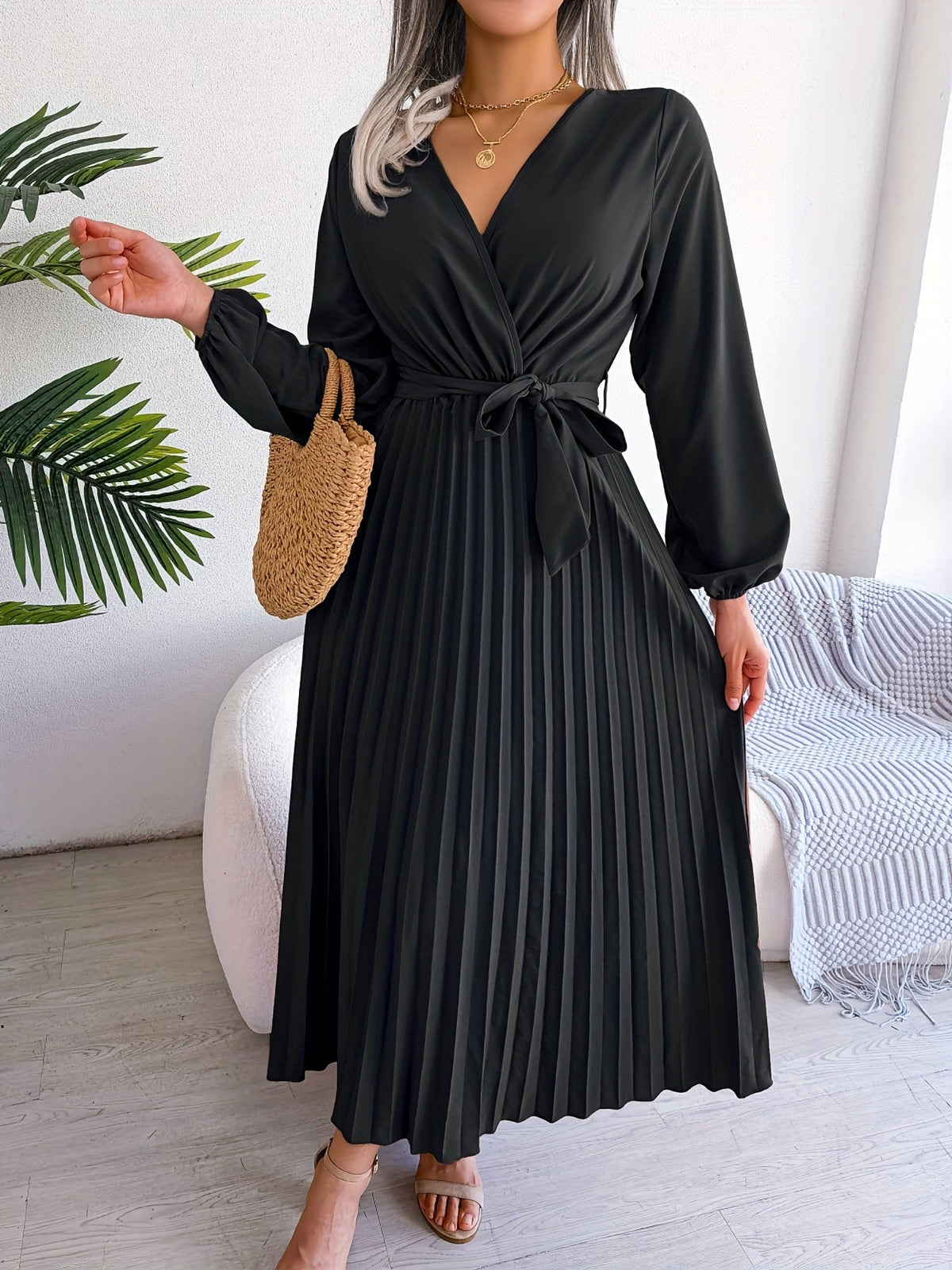 Pleated Surplice Neck Dress, Elegant Long Sleeve Solid Dress, Women's Clothing