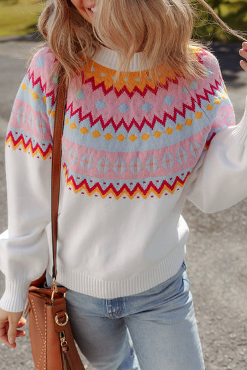 White Ethnic Geometric Colorblock Print Drop Shoulder Sweater