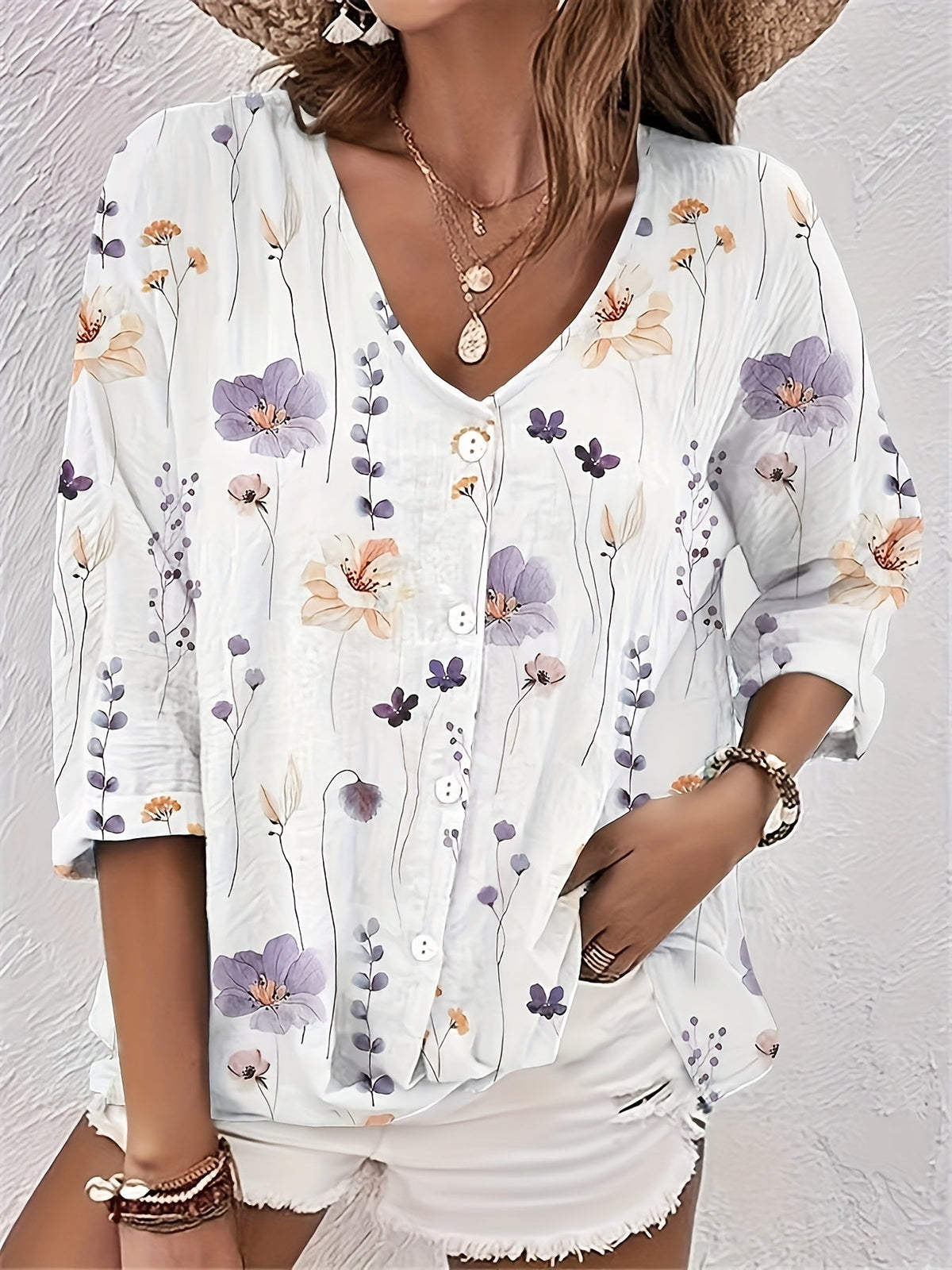 Women's Floral Print Button Up Half Sleeve V Neck Top