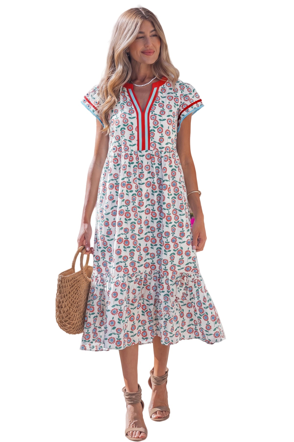 Red Cute Sunflower Printed Striped Patchwork Trim Flutter Sleeve Long Dress