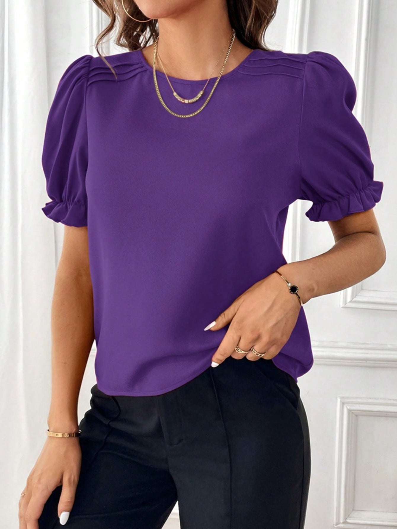 Solid Crew Neck Blouse, Elegant Puff Sleeve Blouse