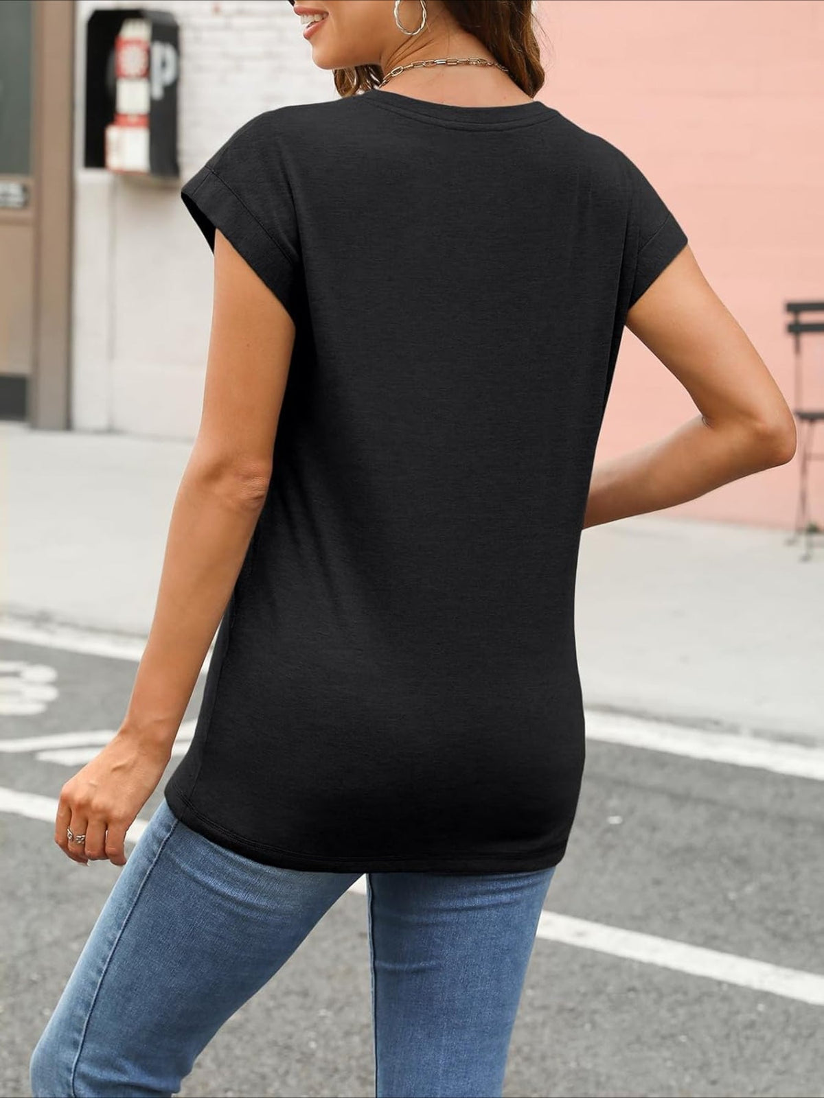 Solid Color Round Neck Cap Sleeve T Shirts
