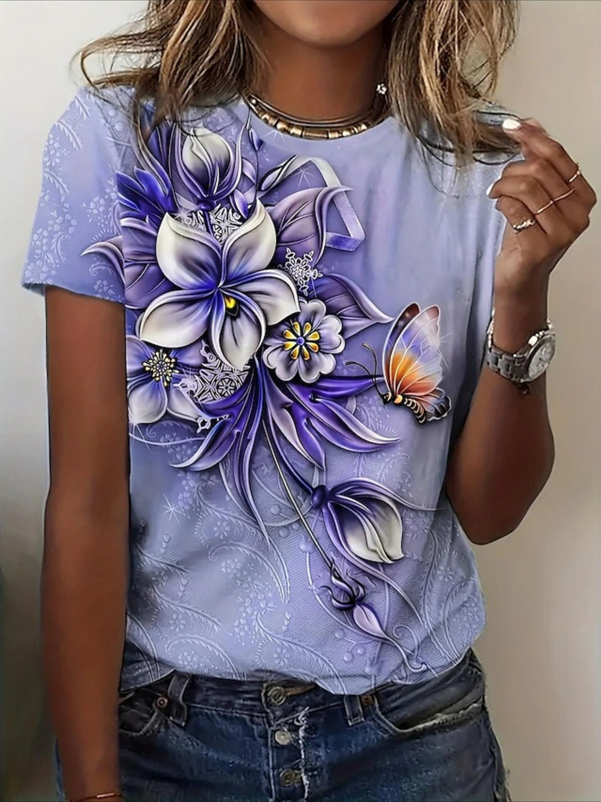 Floral Crew Neck Short Sleeve Casual T-shirt
