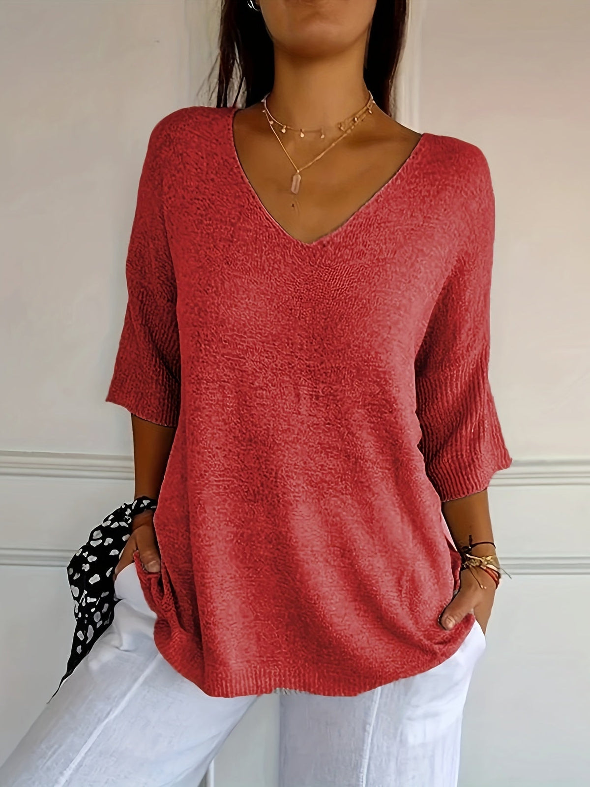 Cozy V Neck Pullover Three-Quarter Sleeve Knitted Sweater