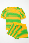Yellow Stripe Puff Short Sleeve T Shirt Matching Shorts Set