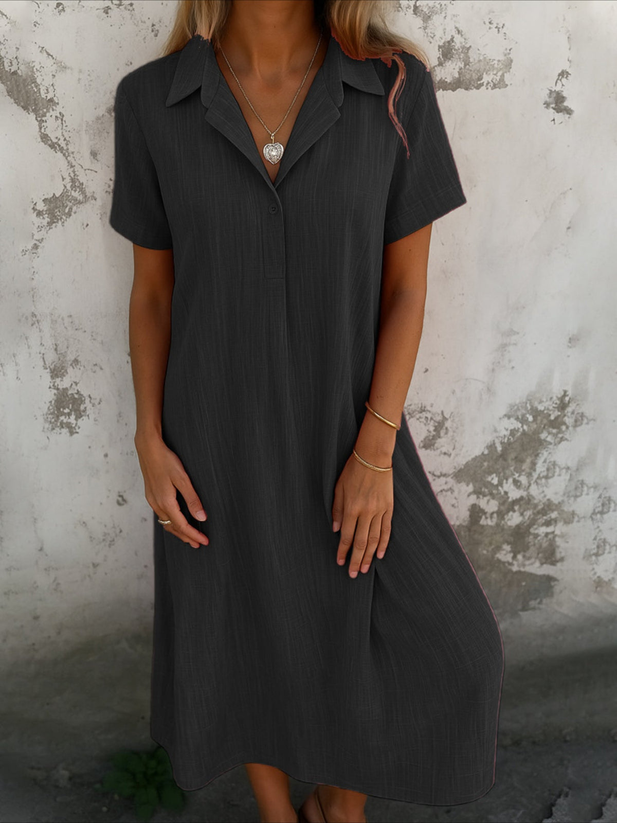 Women Plain Shirt Collar Short Sleeve Comfy Casual Maxi Dress