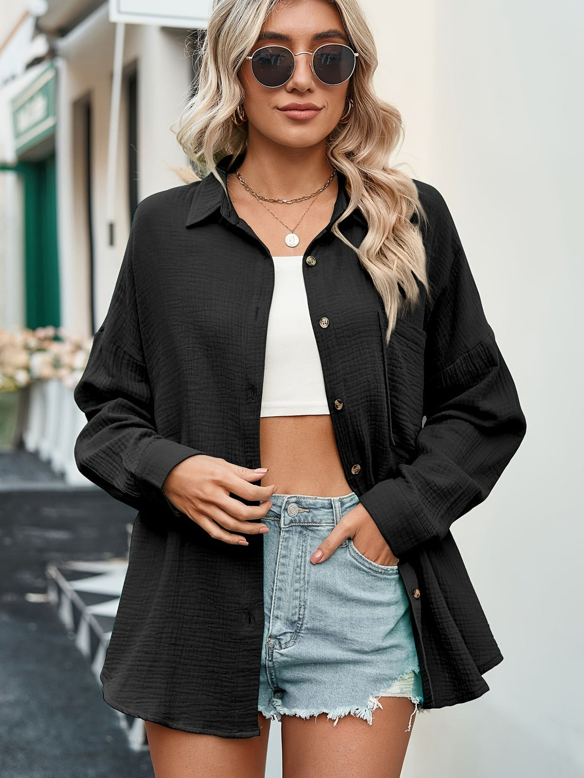 V-neck Loose Lapel Blouses, Casual Pocket Button Down Long Sleeve Fashion Shirts Tops