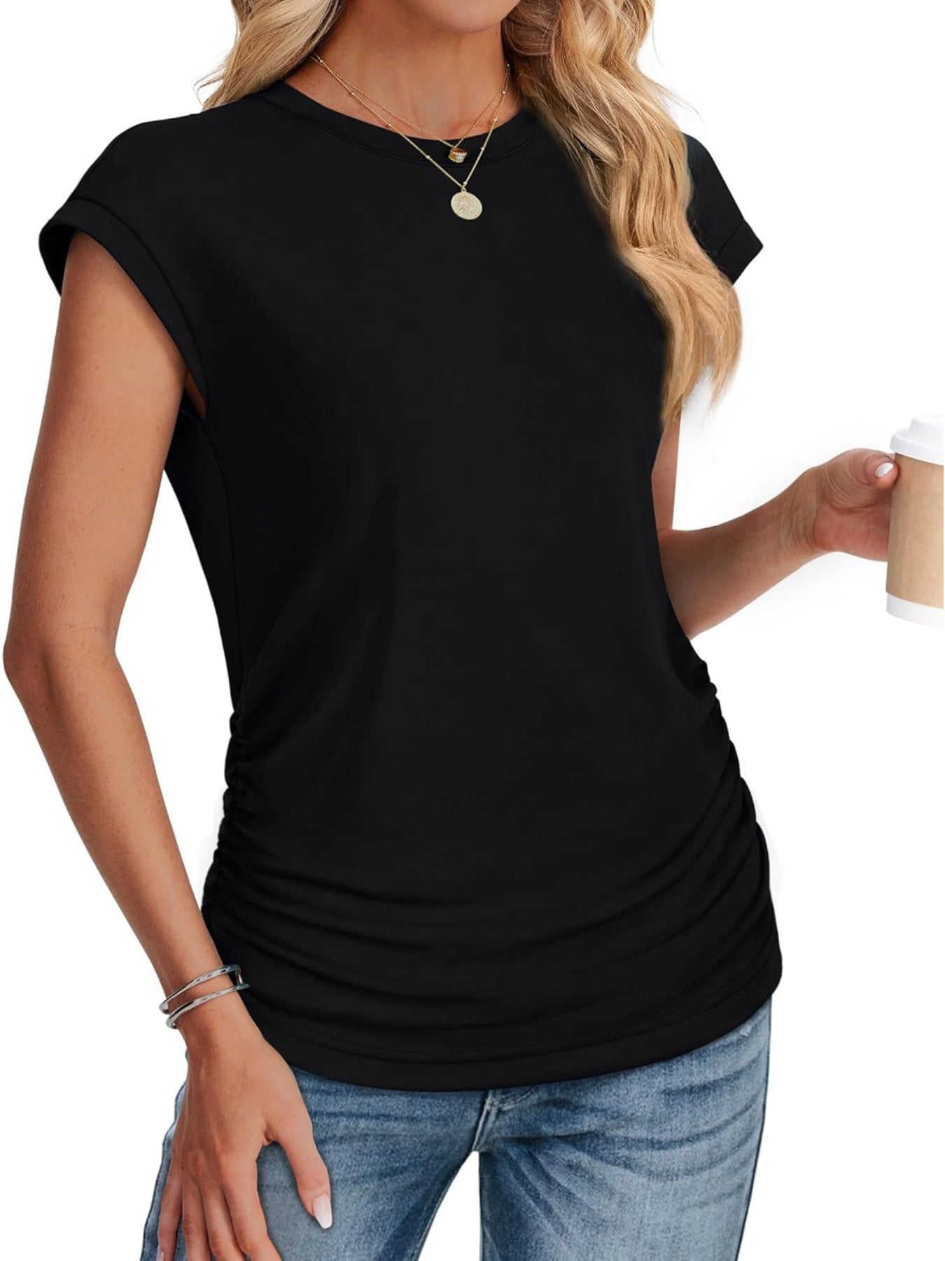 Solid Color Crew Neck Ruched Cap Short Sleeve T Shirts