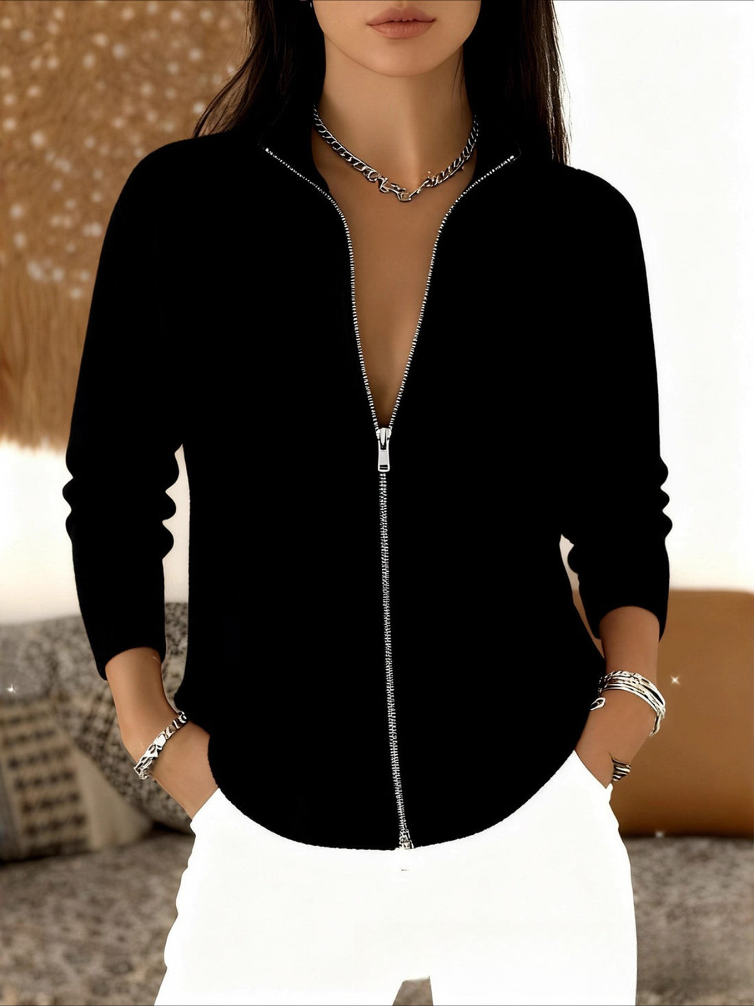 Printed Loose Casual Zip Turtleneck Cardigan