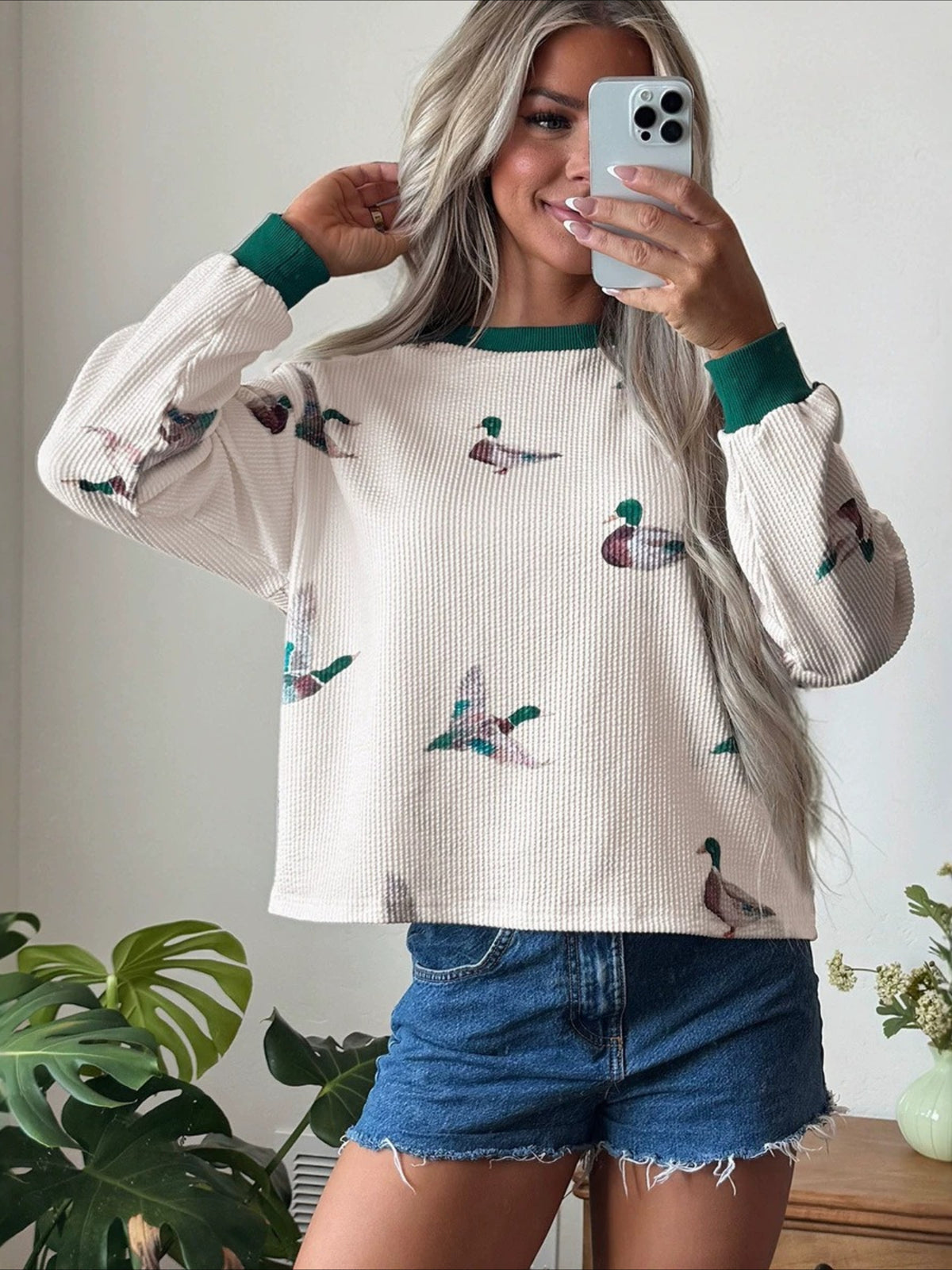Duck Print Waffle Knit Sweatshirt with Contrast Trim
