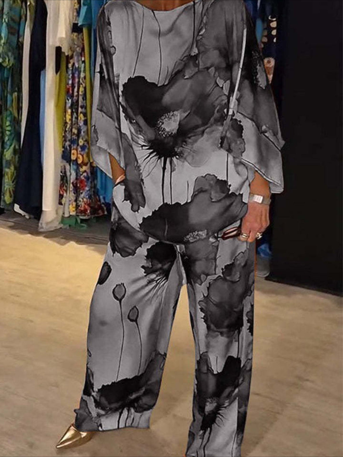 2 Pieces 3/4 Length Sleeve Crew Neck Floral Print Casual Pants Sets