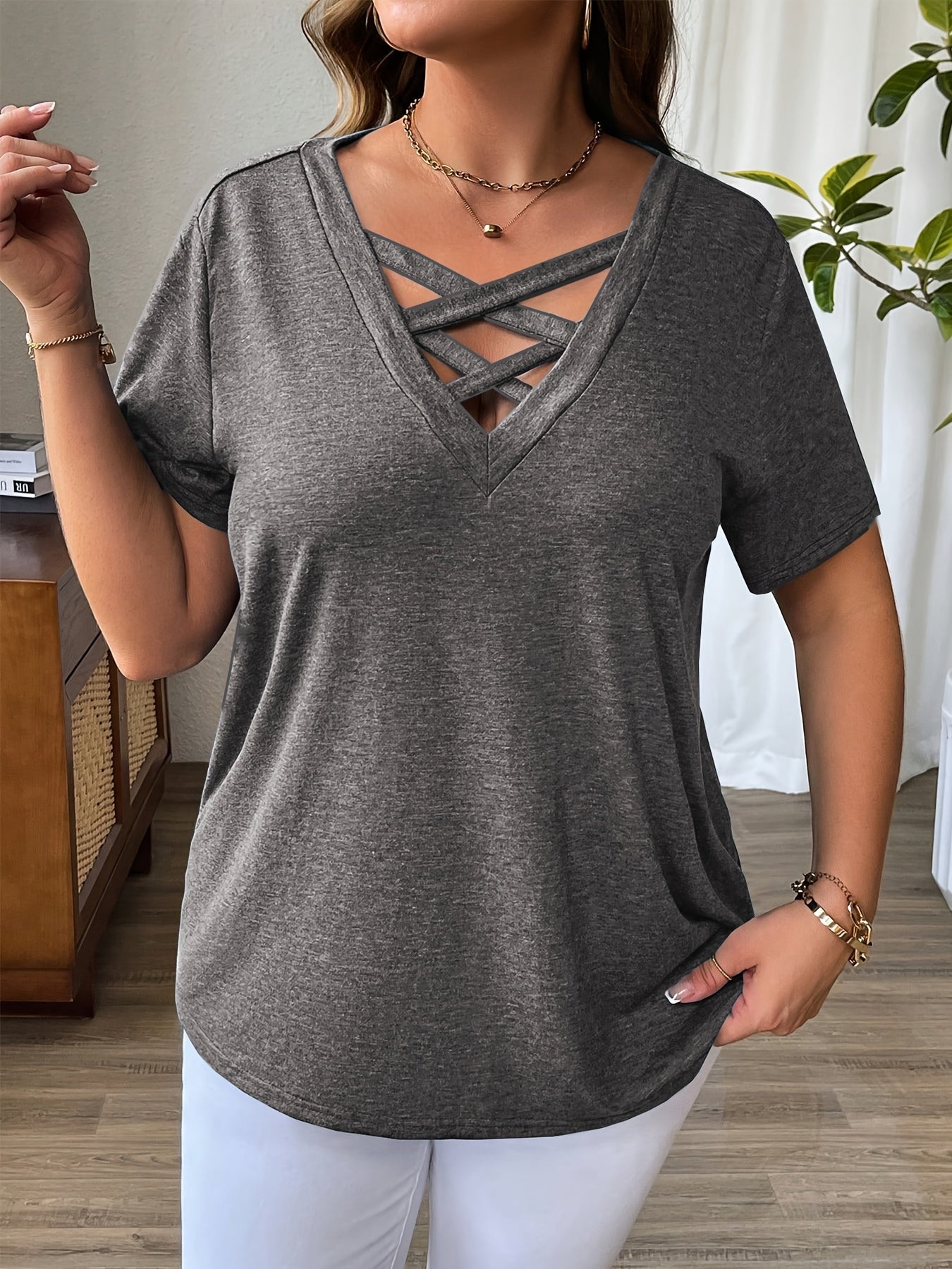 Solid Color T-Shirt with Crisscross V-Neck and Short Sleeves