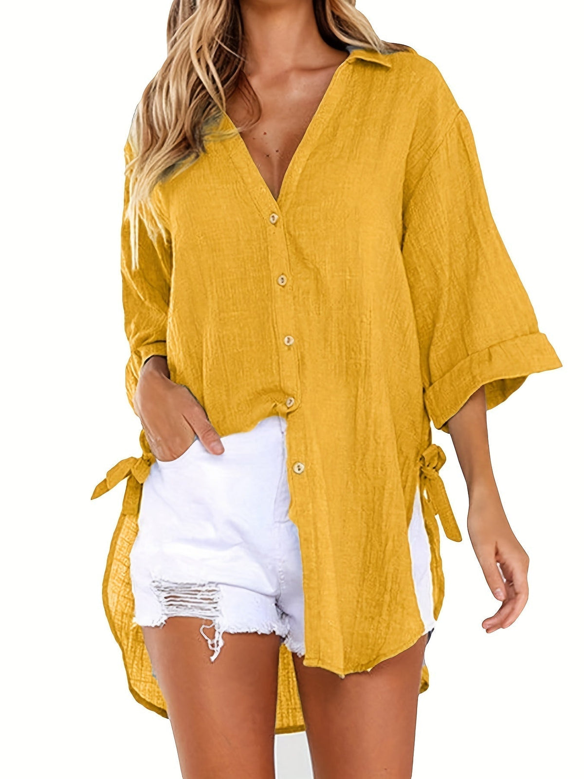Solid Color V Neck Blouse, Casual Half Sleeve Blouse