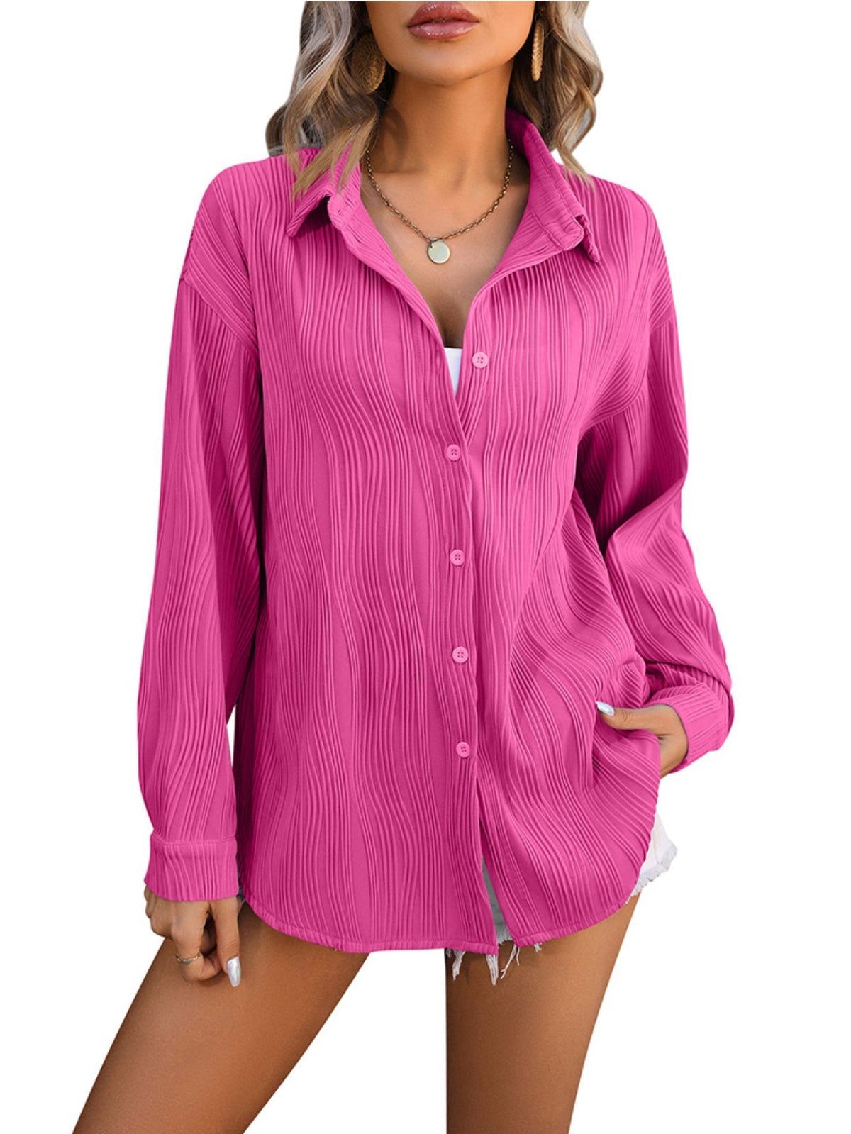 Solid Textured Button Front Shirt, Vintage Long Sleeve Shirt