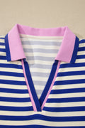 Dark Blue Striped Shift Dress Colorblock V Neck Short Sleeve Casual Summer