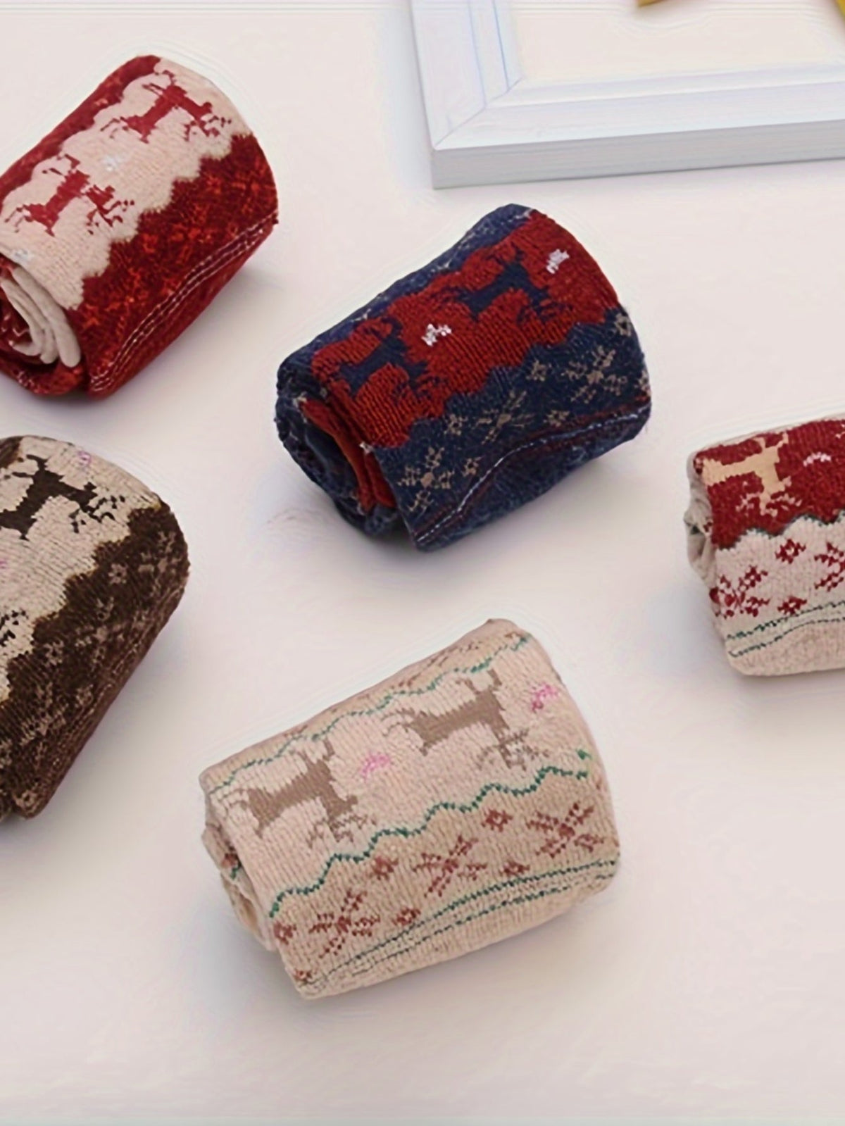 5 Pairs Christmas Elk Print Socks, Comfy & Warm Mid Tube Socks