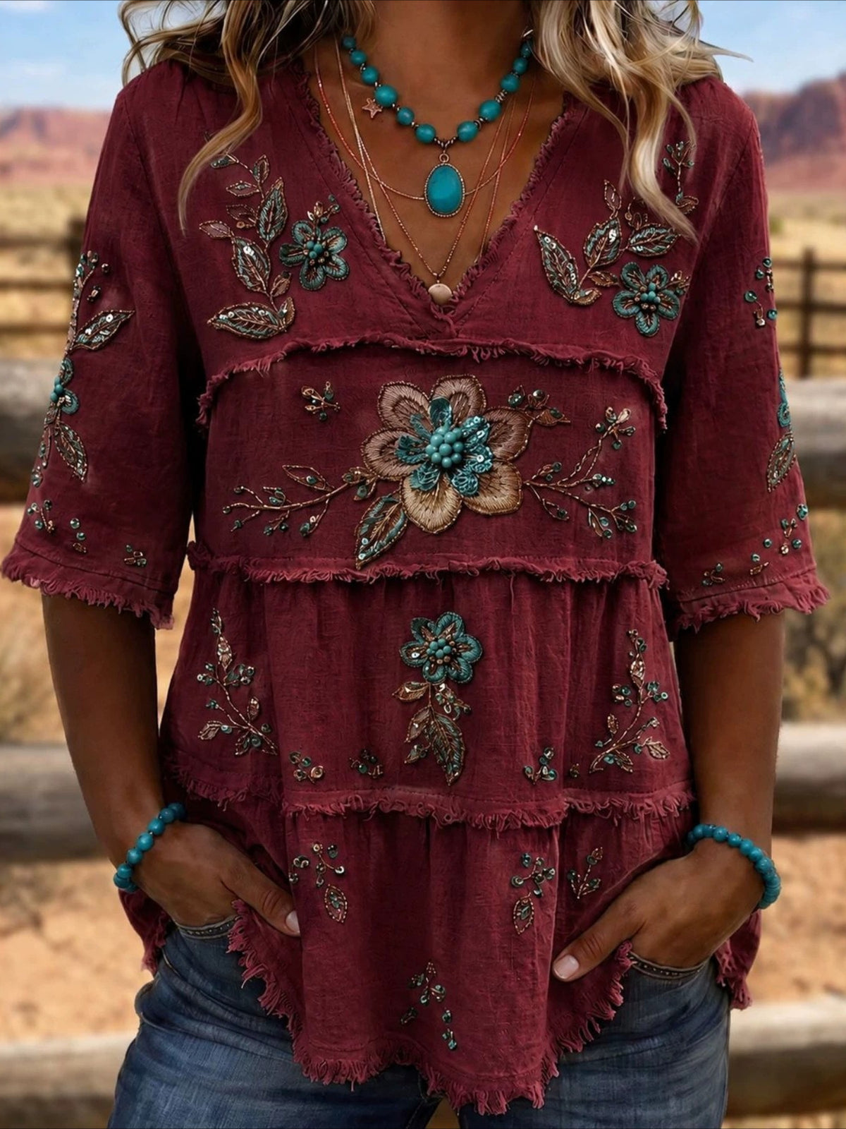 V Neck Floral Print Tiered Blouse with Frayed Trim