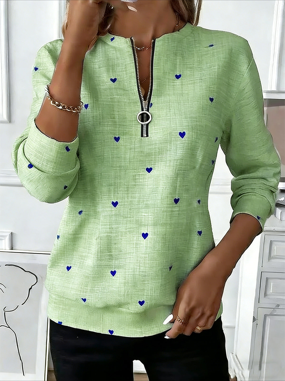 Love Print Long Sleeve Center Front Zip Sweatshirt