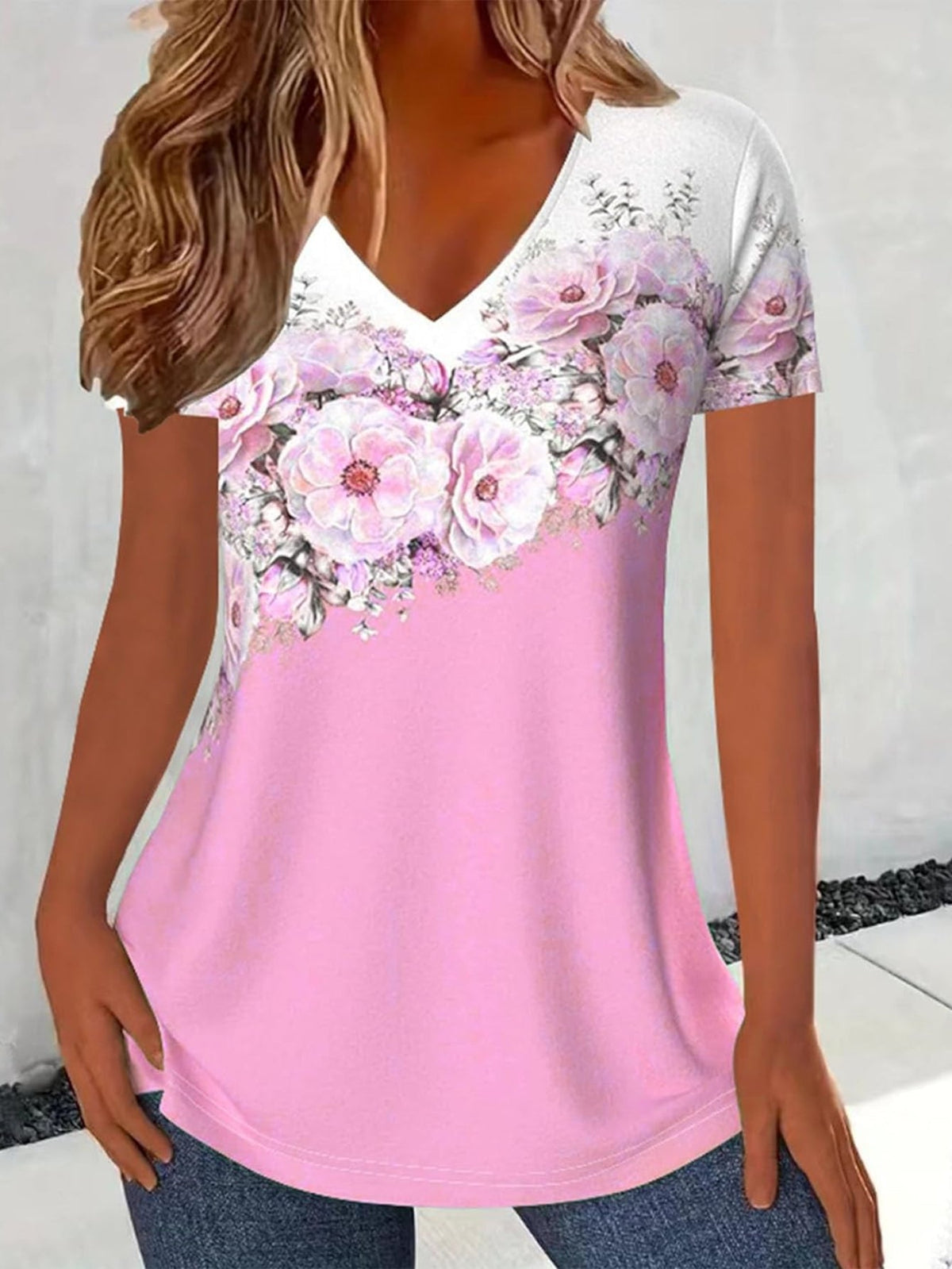V Neck Short Sleeve Cute Print Graphic Tees