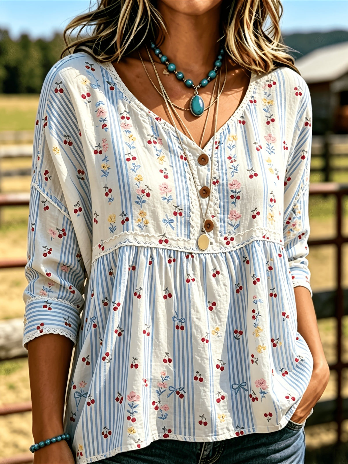 Floral Print 3/4 Sleeve V-Neck Three-Button Front Babydoll Blouse