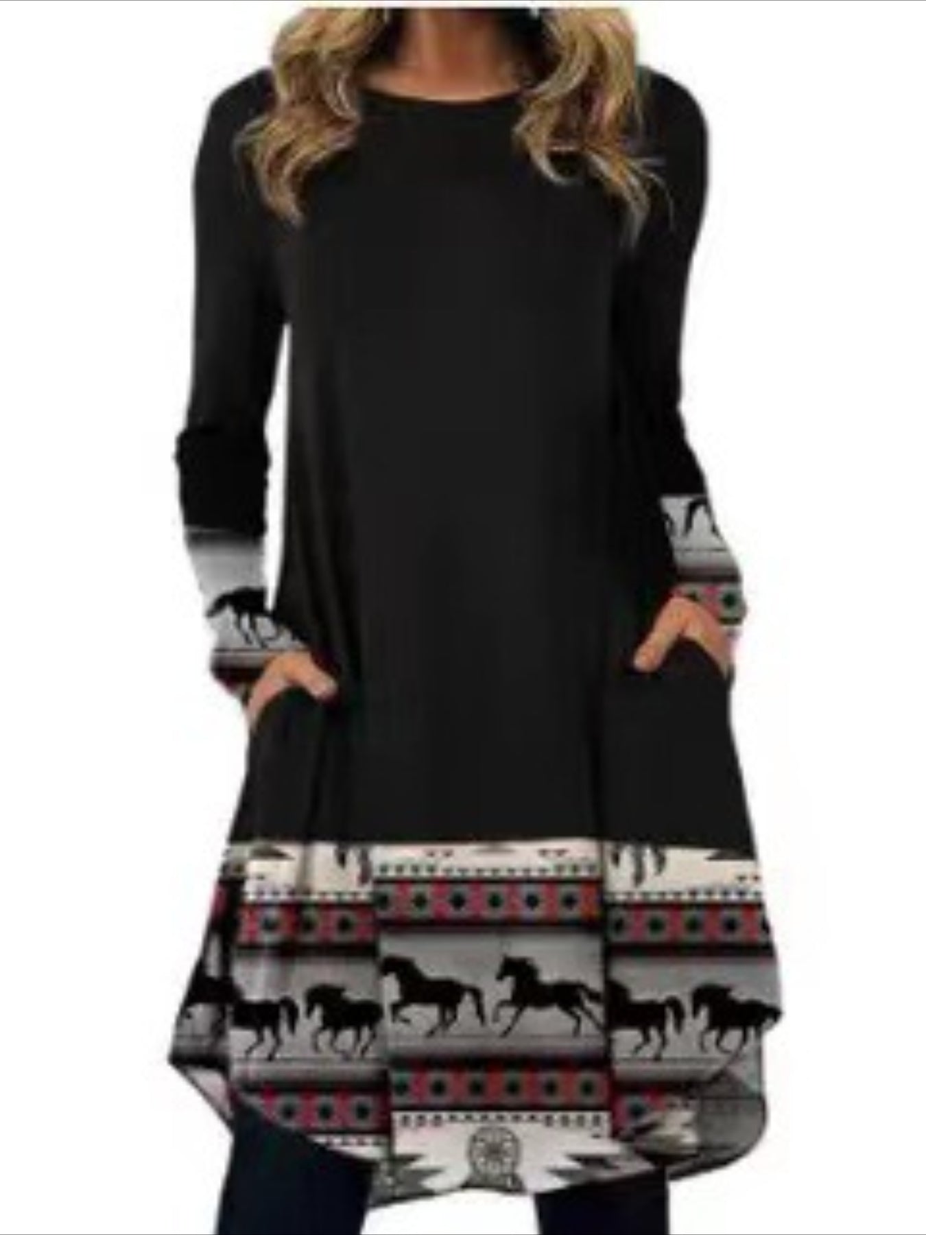 Graphic Print Dress with Long Sleeves and Pockets - Casual and Comfortable