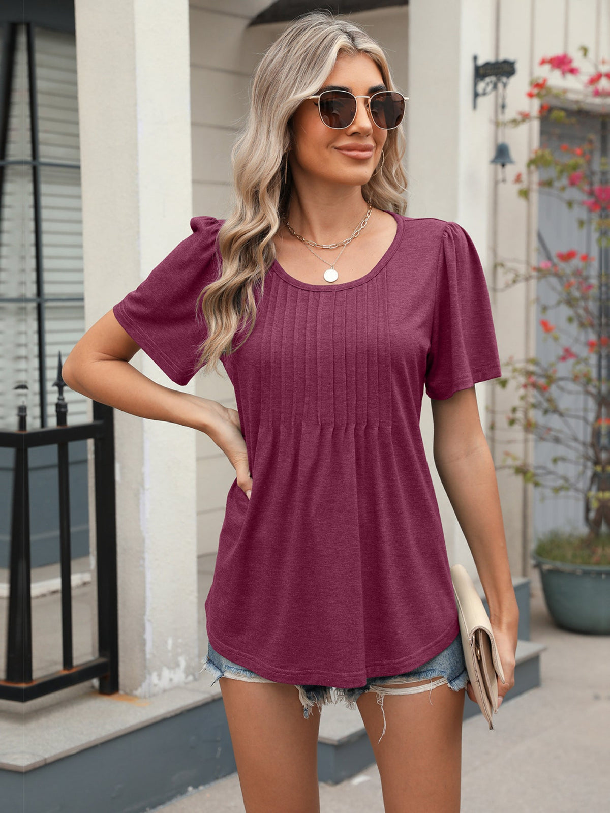 Solid Color Round Neck Pull-On Loose Short Sleeve T-Shirt