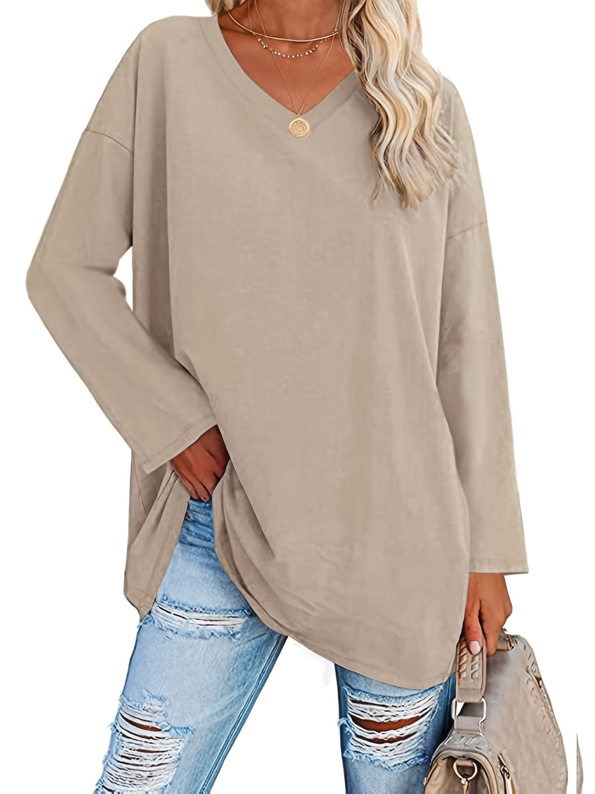 Women's Solid Color Oversized Tops, V-Neck Long Sleeve T-Shirts, Casual Loose Shirts