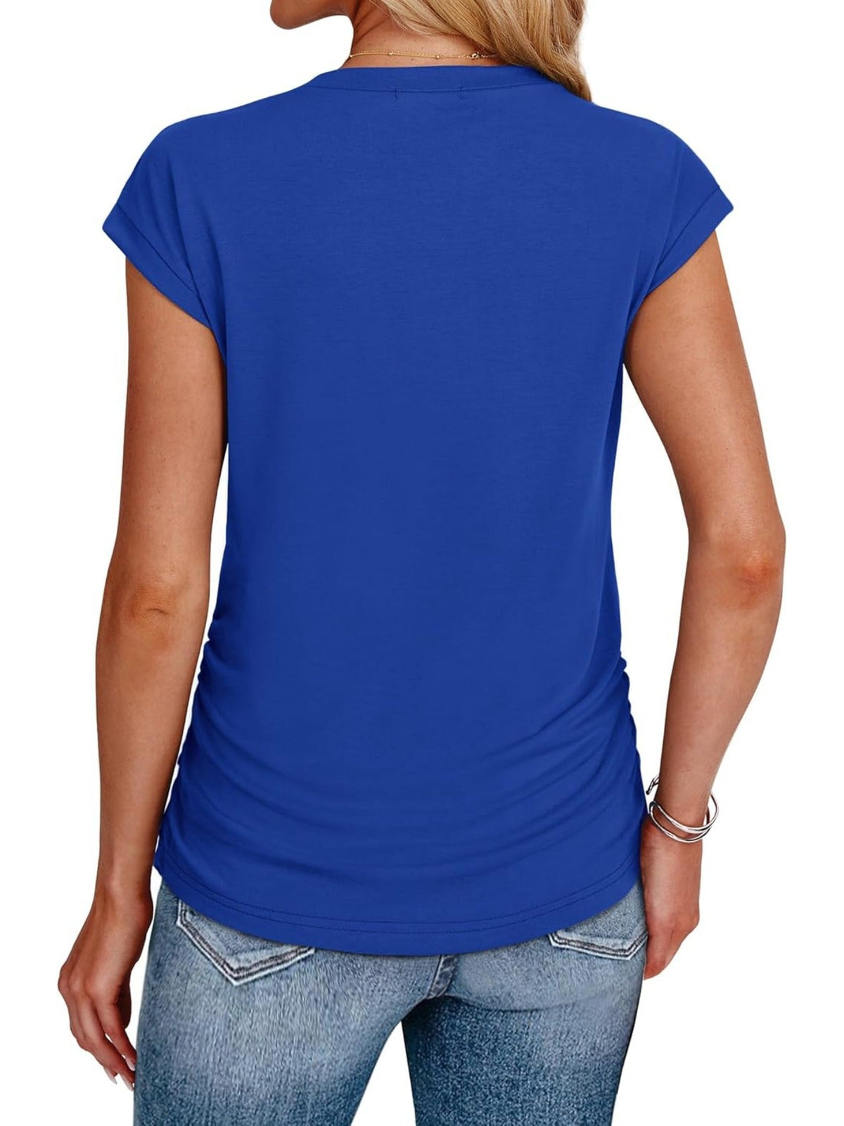 Solid Color Crew Neck Ruched Cap Short Sleeve T Shirts