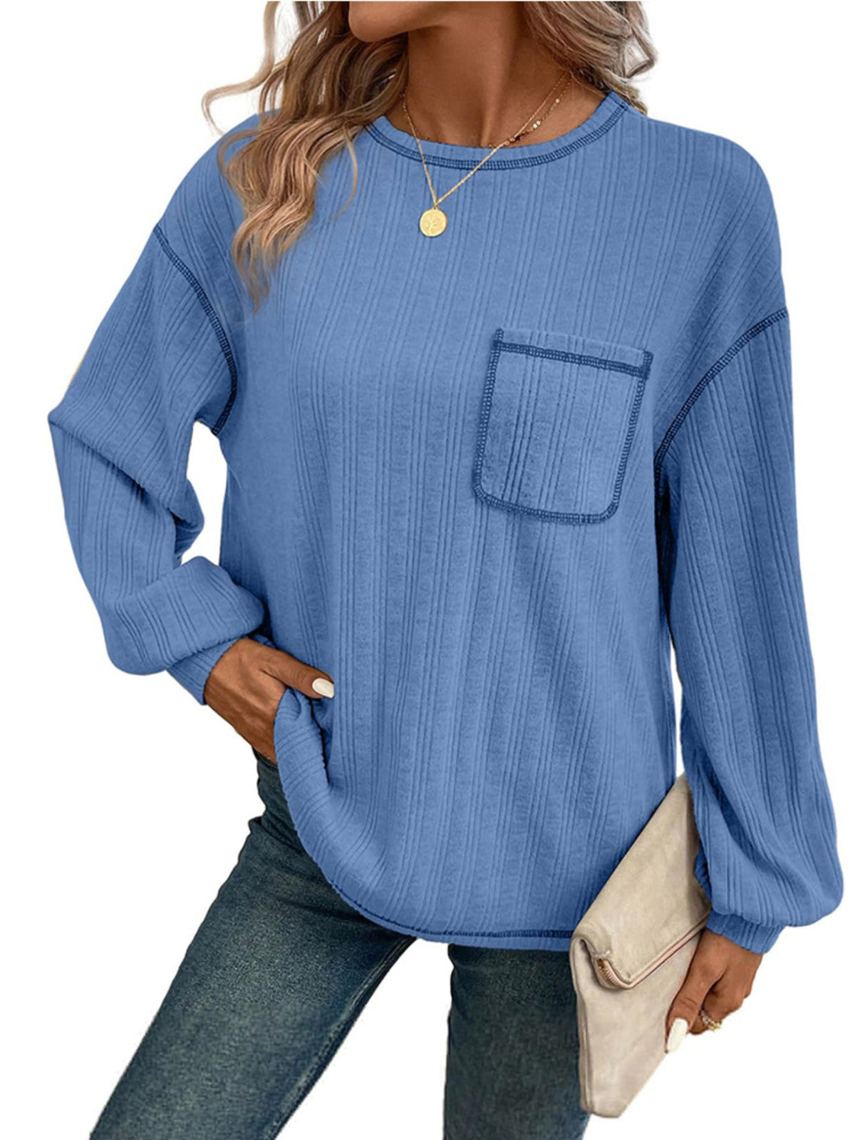 Long Sleeve Shirts Solid Crewneck Knitted Loose Fit Pullover Shirts Tops