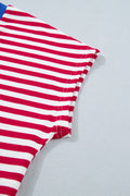 Red Stripe Colorblock Trim V Neck Tee Drawstring Elastic Waist Short Set