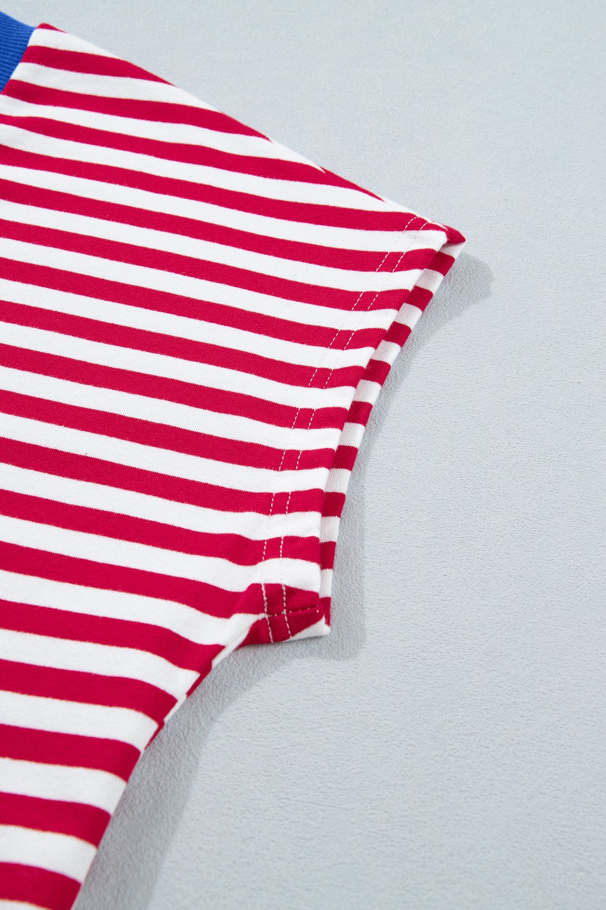 Red Stripe Colorblock Trim V Neck Tee Drawstring Elastic Waist Short Set
