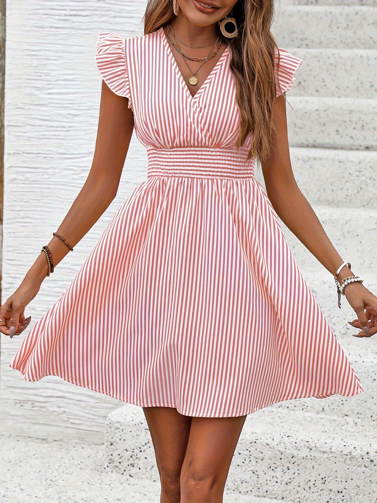 Summer Striped Surplice Dress with Flutter Sleeves and Shirred Waist