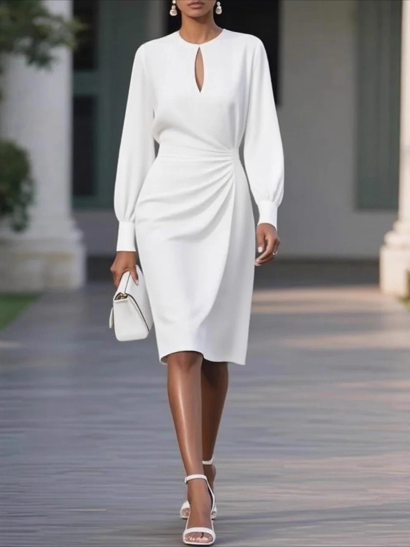 Solid Color Long Sleeve Crew Neck Cocktail Dress