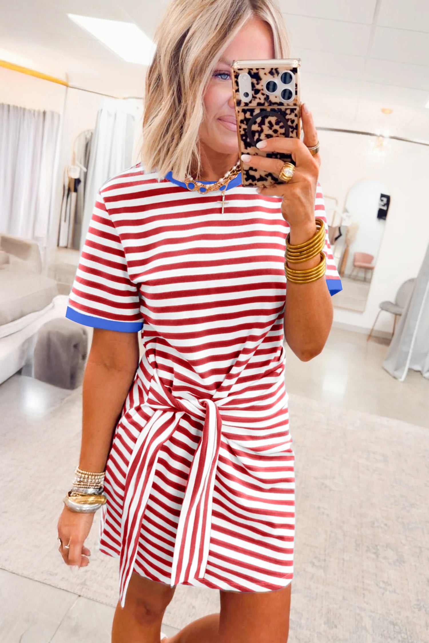 Red Nautical Tie Contrast Trim Round Neck T Shirt Mini Dress